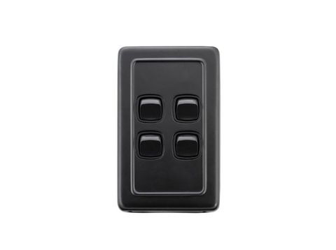 Tradco TRA5345 Switch Flat Plate Rocker 4 Gang Matt Black H115xw72mm