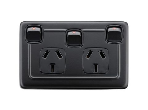Tradco 3 Gang Flat Plate Rocker Switch With Double Socket