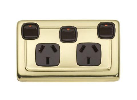 Tradco 3 Gang Flat Plate Rocker Switch With Double Socket Brown