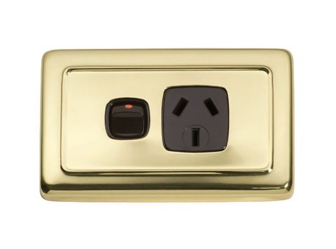 Tradco 1 Gang Flat Plate Rocker Switch With Socket Brown