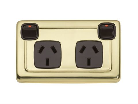 Tradco 2 Gang Flat Plate Rocker Switch With Double Socket Brown