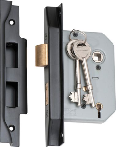 TRADCO MORTICE LOCK 5 LEVER REBATED MATT BLACK BACKSET 57MM