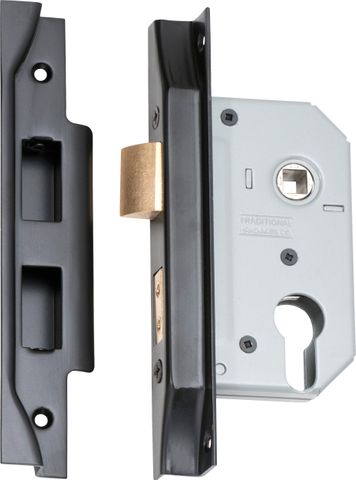TRADCO MORTICE LOCK EURO REBATED MATT BLACK BACKSET 46MM