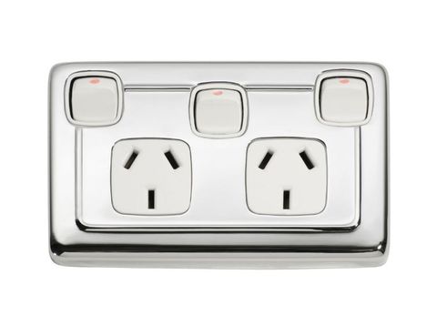 Tradco 3 Gang Flat Plate Rocker Switch With Double Socket White