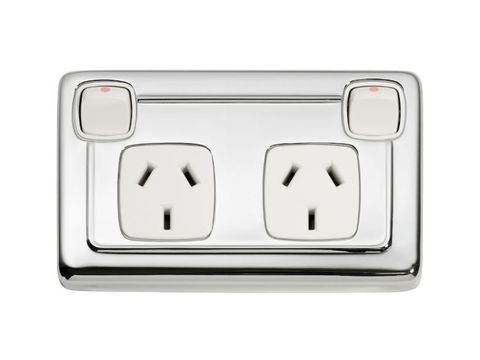 Tradco TRA5889 Socket Flat Plate Rocker Double White CP H72xw115mm