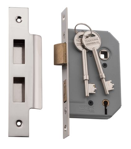 TRADCO MORTICE LOCK 5 LEVER POLISHED NICKEL BACKSET 46MM