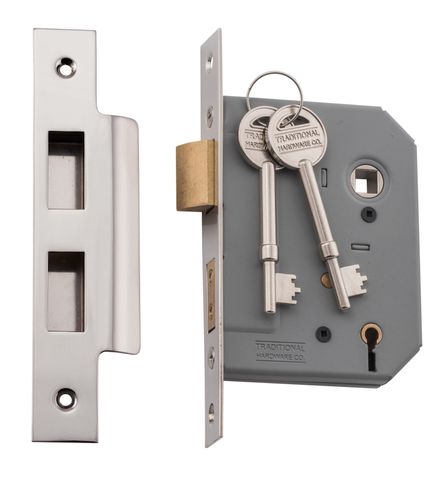TRADCO MORTICE LOCK 5 LEVER POLISHED NICKEL BACKSET 57MM