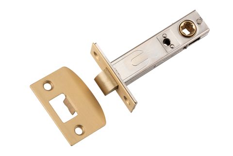 TRADCO TUBE LATCH SPLT CAM 'D' STRIKE SATIN BRASS BSET 70MM