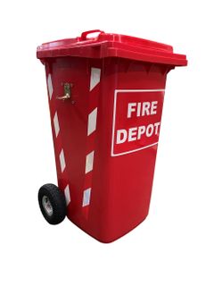 Fire Depot Bin with Labelling and Candy Striping, Complete with Bracket Mounting Plates and Pneumatic Wheels