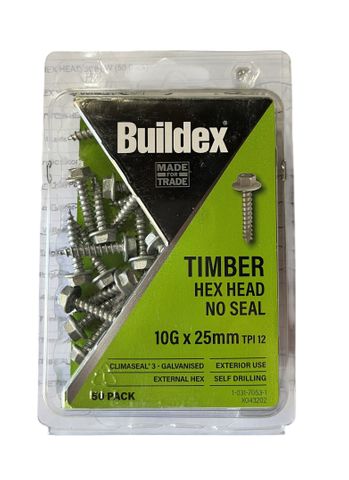 BUILDEX 10g-25mm TIMBER HEX HEAD SCREW (50 Pack)

