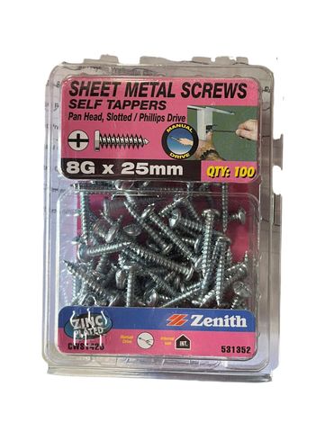 ZENITH 8g-25mm SHEET METAL PAN HEAD SCREW (100 Pack)
