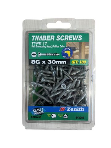ZENITH 8g-30mm TIMBER SCREW SELF EMBEDDING HEAD HEAD PHILLIPS DRIVE (100 Pack)