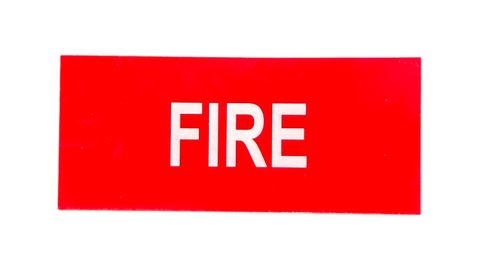 FIRE
White on Red Background 115 x 50mm Laser Engraved 
UV Stabilised Plastic Sign inc Double Sided Tape