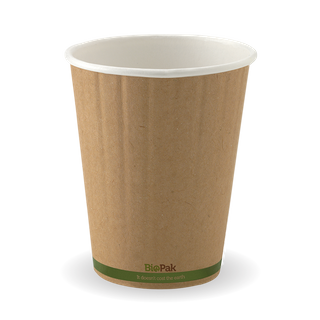 BCK-12DW-GS #12oz 390ml Biopak 90mm Kraft Green Stripe Double Wall Cup (1000)