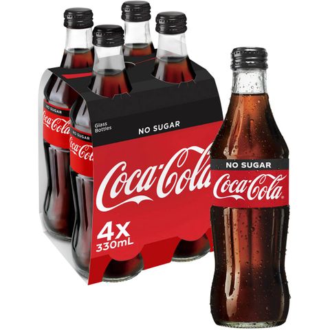 Coca - Cola Zero Sugar Soft Drink Glass Bottles 4 x 300mL