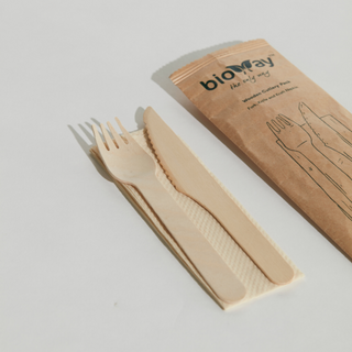 WCP01 Pinnacle Bioway Wooden Cutlery Pack Fork , Knive & Kraft Napkin (400)