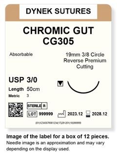 CHROMIC GUT SUTURE 3/0 19MM, 3/8RC 50CM /12