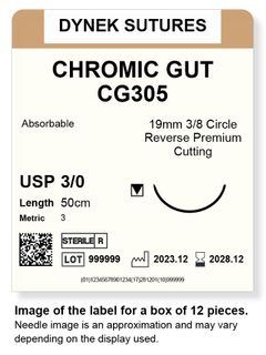 CHROMIC GUT SUTURE 3/0 19MM, 3/8RC 50CM /12