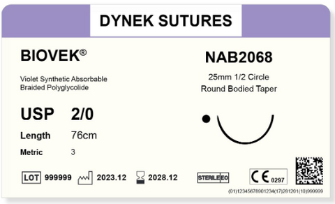 BIOVEK SUTURE 3/0 19MM, 3/8RC 76CM VIOLET /36