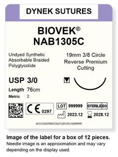 BIOVEK SUTURE 3/0 19MM, 3/8RC 76CM BEIGE /12