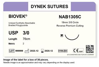 BIOVEK SUTURE 3/0 19MM, 3/8RC 76CM BEIGE /36