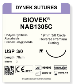 BIOVEK SUTURE 3/0 19MM, 3/8RC 76CM VIOLET /12