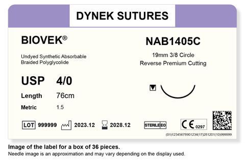 BIOVEK SUTURE 4/0 19MM, 3/8RC 76CM BEIGE /36