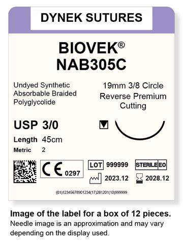 BIOVEK SUTURE 3/0 19MM, 3/8RC 45CM BEIGE /12