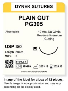 PLAIN GUT SUTURE 3/0 19MM, 3/8RC 50CM /12