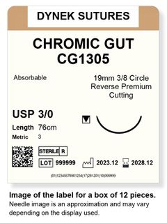 CHROMIC GUT SUTURE 3/0 19MM, 3/8RC 76CM /12