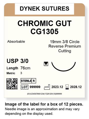 CHROMIC GUT SUTURE 3/0 19MM, 3/8RC 76CM /12