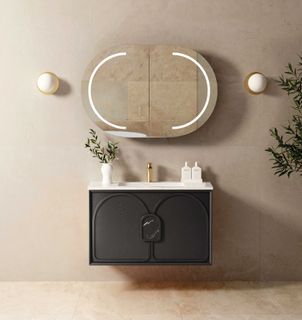 Laguna 900mm Black American Oak Wall Hung Vanity with Undermount Natural Carrara Marble Top & Basin