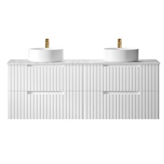 Noosa Fluted 1500mm Satin White Wall Hung Vanity With Natural Carrara Marble Top