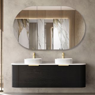 Bondi 1500mm Black Oak Wall Hung Curve Vanity with Pure White Top