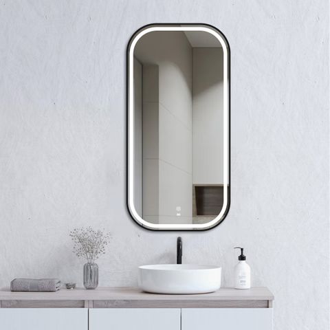 LED Newport 900(H)x450(W) Black Metal Frame Mirror Soft Square
