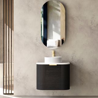 Bondi 600mm Black Oak Wall Hung Curve Vanity with Cloudy Carrara Top