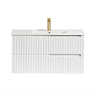 Noosa Fluted 900mm Satin White Wall Hung Vanity with Ceramic Top