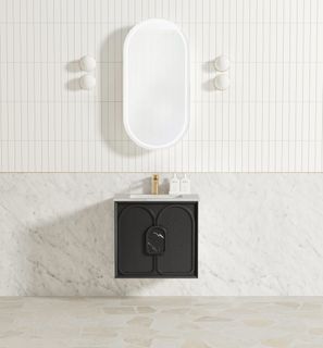 Laguna Mark II 600mm Black Oak Wall Hung Vanity with Undermount Natural Carrara Marble Top & Basin