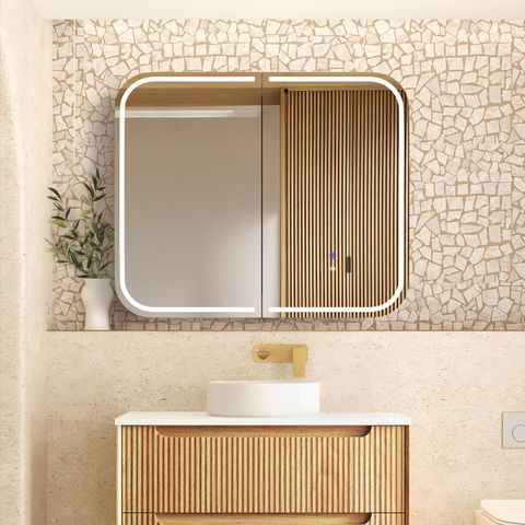 LED Newport 900(W)x750(H) Natural Oak Shaving Cabinet - Premium Edition