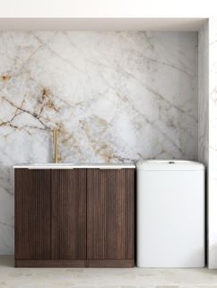Havana Fluted Sable Walnut Base Laundry Cabinet with 1060mm Natural Carrara Marble Top