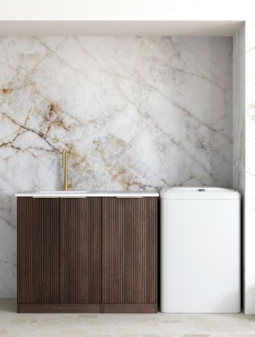 Havana Fluted Sable Walnut Base Laundry Cabinet with Stone Top and Sink 1060x600x900