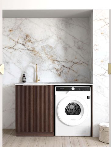 Havana Fluted Sable Walnut Base Laundry Cabinet with Stone Top and Sink 1300x600x900