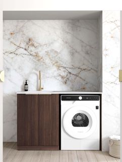Havana Fluted Sable Walnut Base Laundry Cabinet with 1300mm Cloudy Carrara Top
