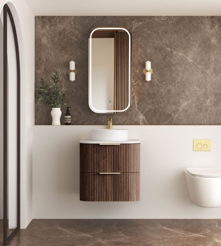 Havana 600mm Sable Walnut Fluted Wall Hung Fluted Curve Vanity