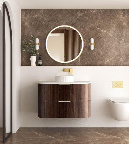 Havana 900mm Sable Walnut Fluted Wall Hung Fluted Curve Vanity