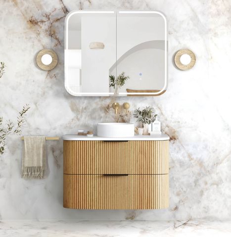 Havana 900mm Woodland Oak Fluted Wall Hung Fluted Curve Vanity