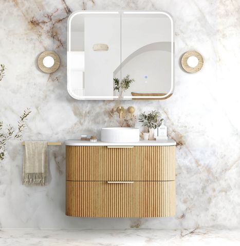 Havana Fluted 900mm Woodland Oak Wall Hung Curve Vanity