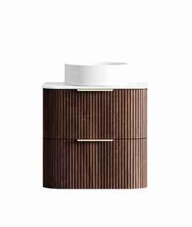 Havana 600mm Sable Walnut Fluted Wall Hung Curve Vanity with Pure White Top