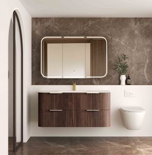 Havana 1200mm Sable Walnut Fluted Wall Hung Curve Vanity with Chloe Silk Top