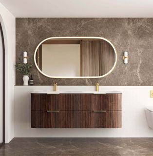 Havana 1500mm Sable Walnut Fluted Wall Hung Curve Vanity with Chloe Silk Top